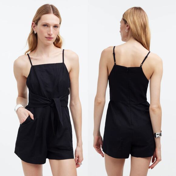 NWT Madewell Romper Linen Blend Tie Waist Sleeveless Square Neck Black Size 6 - Picture 1 of 16
